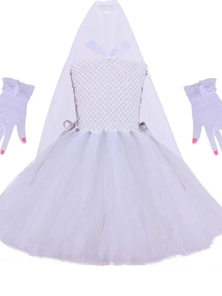 Robe de mariée blanche pour enfants, vêtements zombies pour enfants, robe de mariée fantôme pour enfants, robe poncho pour fille, robe de vampire d'Halloween