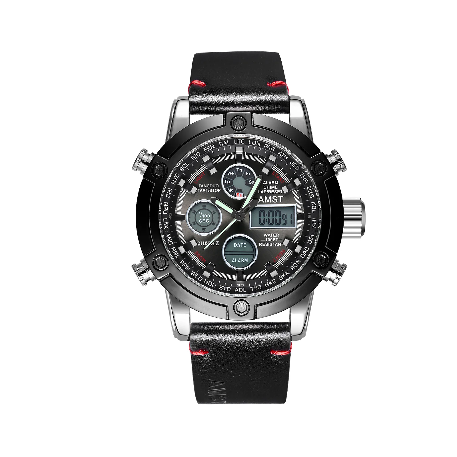 AMST Hot Sale Fashion Atmospheric Watch Multifunctional Cowhide Electronic Double Display Student Watch**