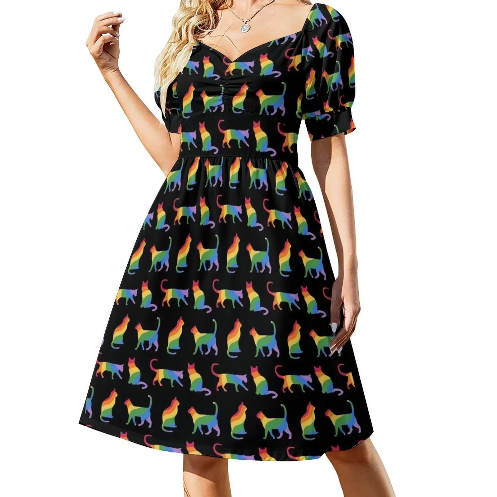 

Colorful Rainbow Striped Cat Silhouette Set Black Background Short-Sleeved Dress long dress women women party dresses Dress