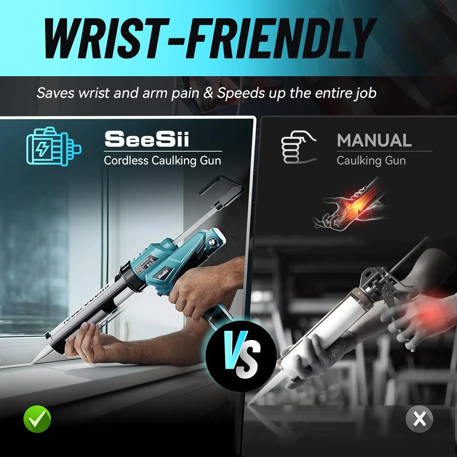 Pistola de calafateo eléctrica Seesii, pistola de calafateo inalámbrica de 10oz con 2x batería de 2000mAh, herramientas eléctricas de luz LED antigoteo de velocidad continua