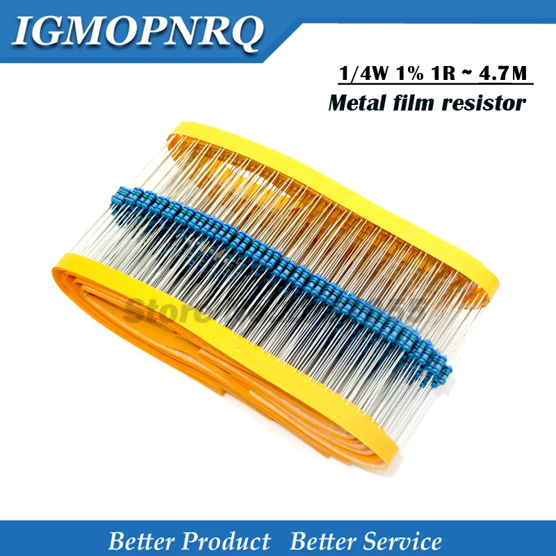 

200pcs 1/4W 1% Metal film resistor 1R~22M 100R 220R 1K 1.5K 2.2K 4.7K 10K 22K 47K 100K 100 220 1K5 2K2 4K7 ohm resistance