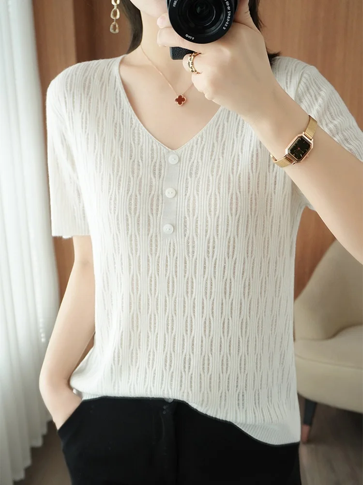 TuangBiang Summer 2023 Translucent Hollow Out Women Pullovers Button V-Neck Short Sleeve Knitted Grey T-Shirt Cotton Thin Tops