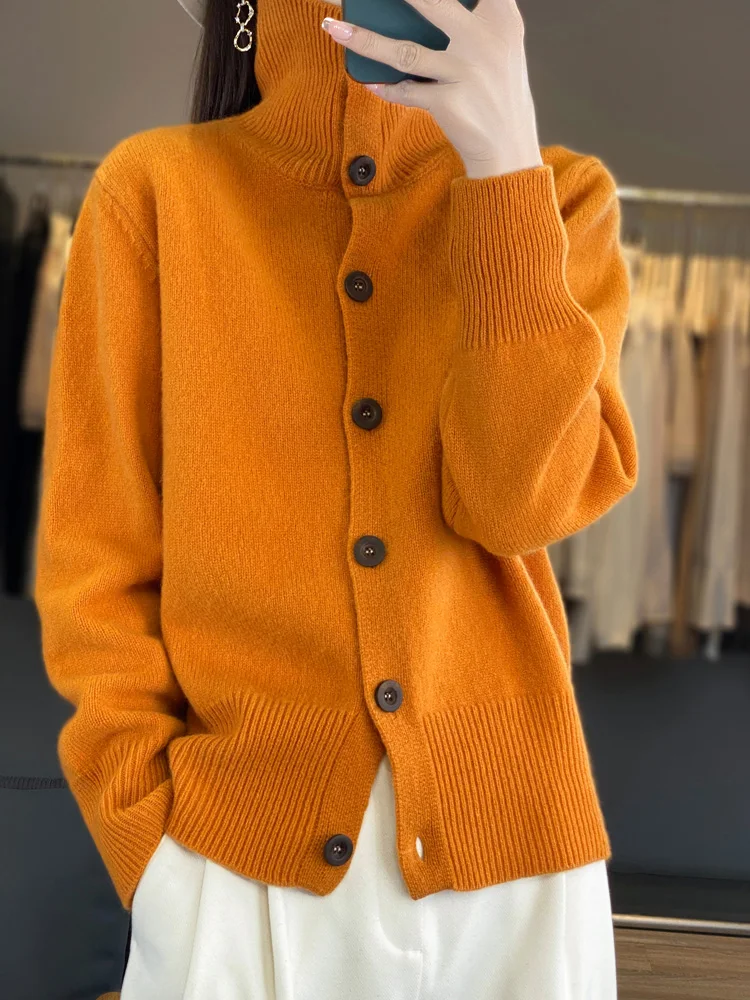 Women Basic 100% Merino Wool Cardigan Autumn Winter Cashmere Sweater Knitwear Turn Down Collar Solid Soft Warm Clothing Tops