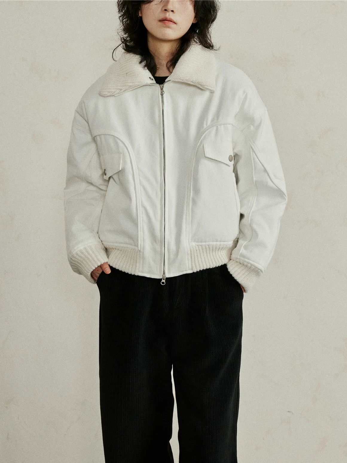 Sunyvonne Vintage Knitted Collar Short Jacket Thickened Cotton Flight Coat Unique Design Commute Style Long Sleeve Loose Fit