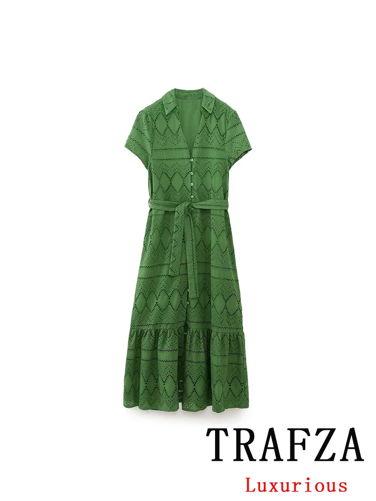 

TRAFZA Vintage Chic Women Dress Solid V-Neck Hollow Embroidery Sashes Single Breasted Dress New Fashion 2025 Spring Summer Dress