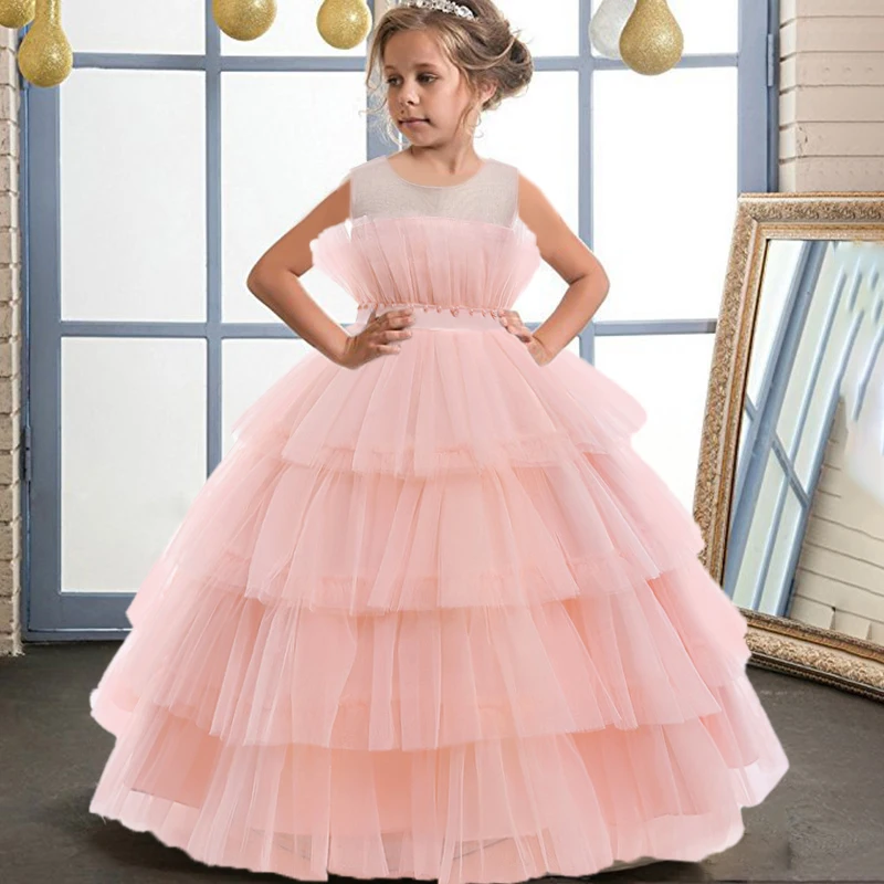 3-12 Yrs Elegant Wedding Party Girl Dresses Children Beading Bow Bridemaid White Lace Princess Dress for Kids Birthday Prom Gown