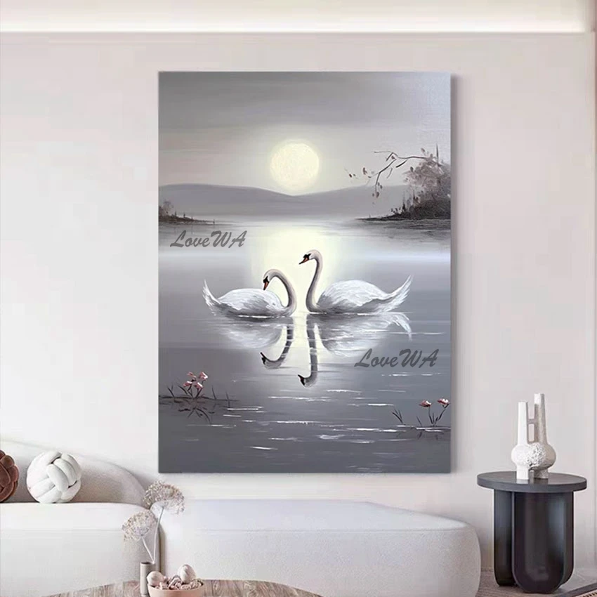 

High Quality Beautiful And Elegant White Swan Animal Oil Painting Custom Canvas Picture Hand-painted Luxury Decoration For Home