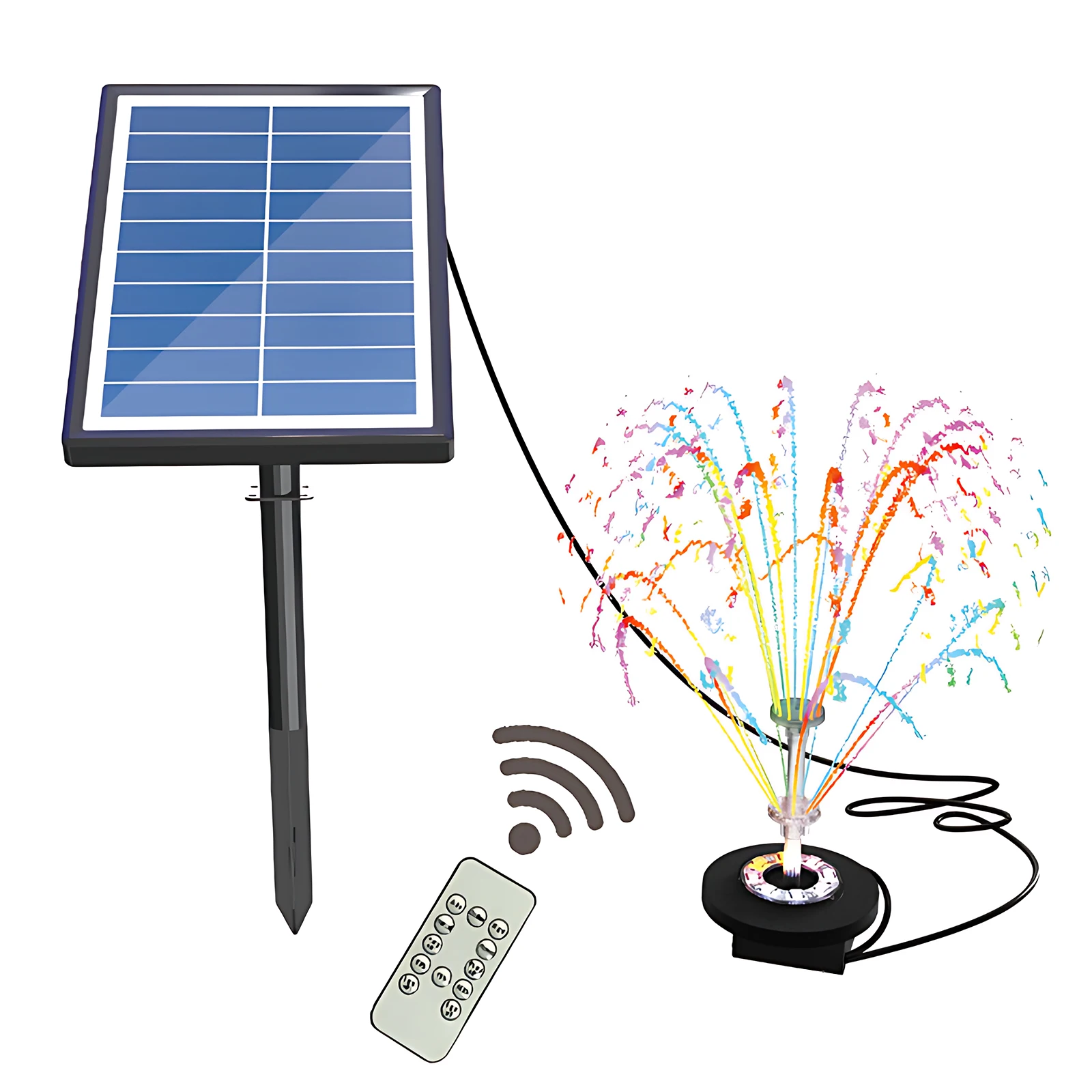 Solar Water Pump with Colorful Light and Remote Controller 17pcs Double-layer Clear Nozzle Kit 7W Solar Fountain Pump 16ft Cable