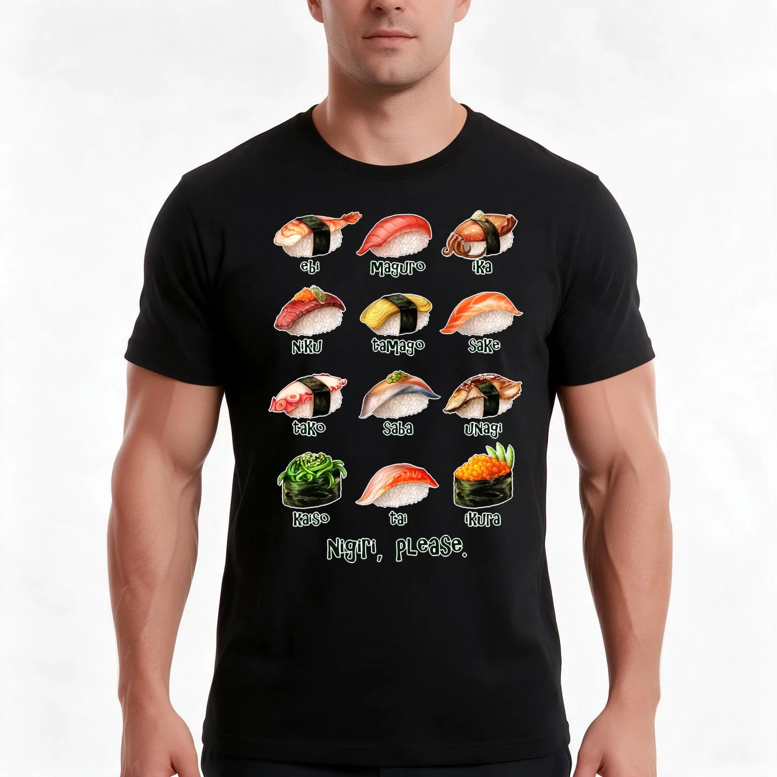 Nigiri, Please - The Sushi Menu You Can Wear! T-Shirt Summer Casual Cotton Tee, Unisex Men Women