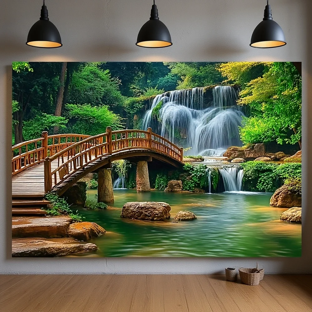 1 Stück Tropical Garden Polyester-Hintergrundstoff – Berg- und Wasserfall-Design, Hochzeit, Geburtstag, Jubiläumsdekoration