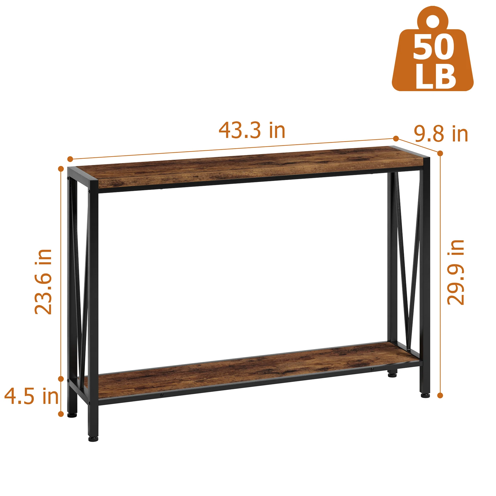 2-Tier Industrial Console Table Entryway Table Skinny Sofa Table with Shelf for Entryway Living Room Hallway Foyer Corridor