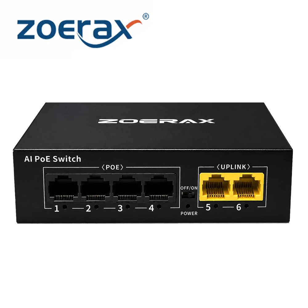 ZoeRax 6-Port Gigabit PoE+ Switch, 4 PoE Ports 2 Uplink Ports One Key VLAN, AI Watchdog, Plug & Play, Power & Data Over Ethernet