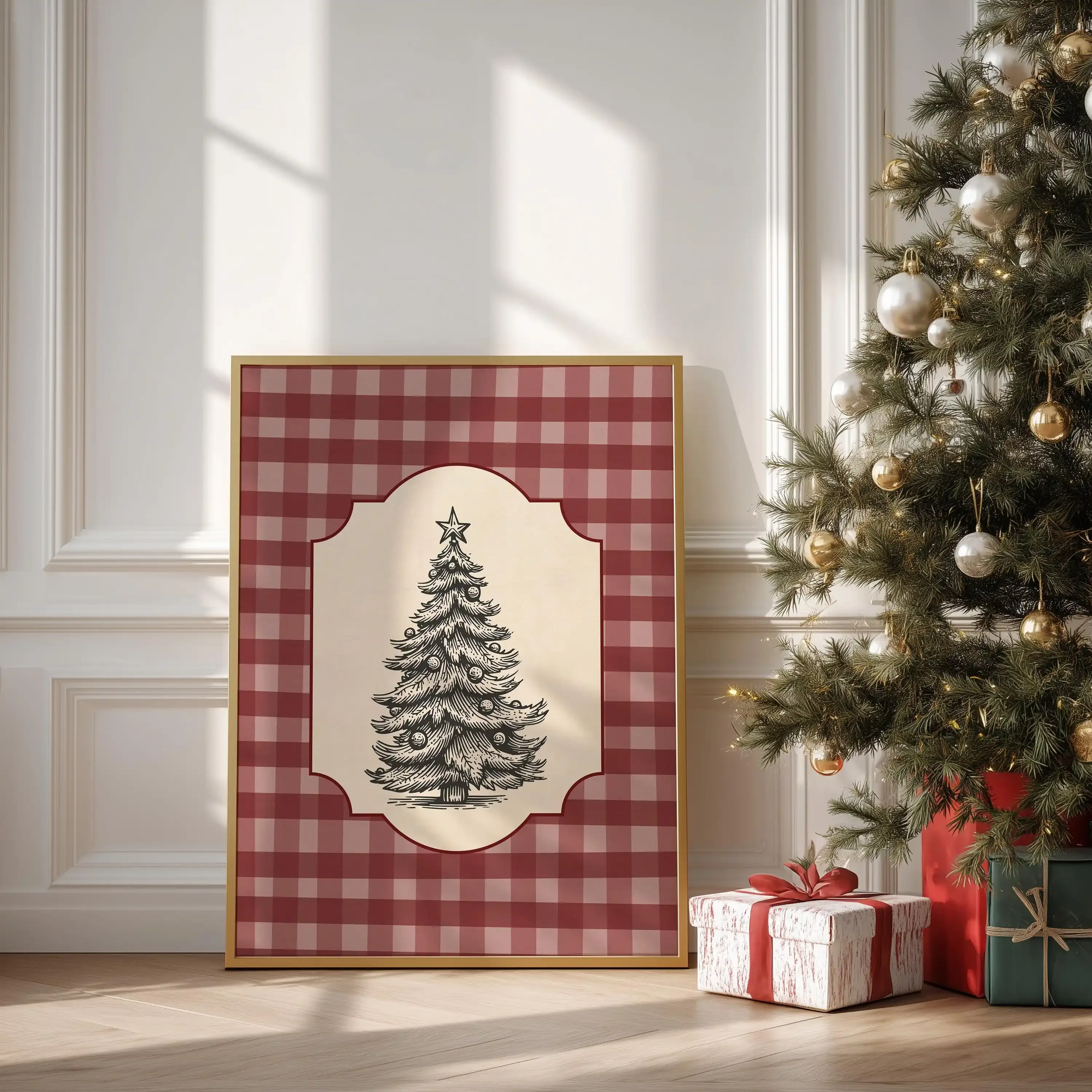 3PCS Large-sized frameless canvas paintings,3pcs/Set Vintage Burgundy Plaid Christmas Poster Frameless Trendy Holiday Poster Whi