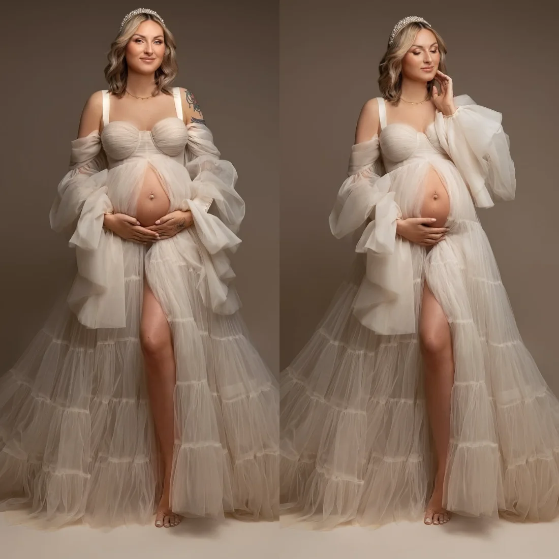 Sexy Maternity Tulle Robe Gown Sheer Off Shoulder Ruffled Front Split Bathrobe Customized Pregnancy Dresses For Photo