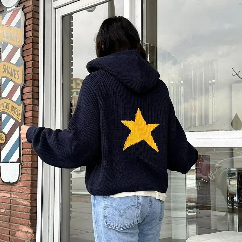 DEEPTOWN Y2k Hooded Sweater Winter Streetwear Hiphop Long Sleeve Star Print Graphics Sweater Jacquard Knit Hooded Pullover