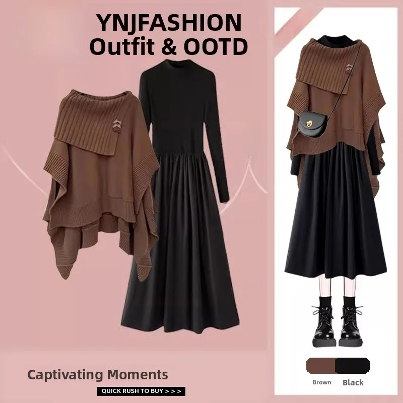 

Faionable Autumn Winter Women's Outfit Two-Piece Set Ele Cowl Ne Design Sweater Waist-Cinching Dr Sli Ensemble