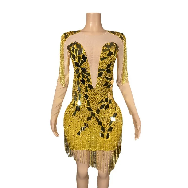 เครื่องแต่งกายวันเกิด Gold Silver Sequins คริสตัลพู่ชุดเซ็กซี่เซ็กซี่ Vestidos De Noche Elegantes งานแต่งงานชุดยาว