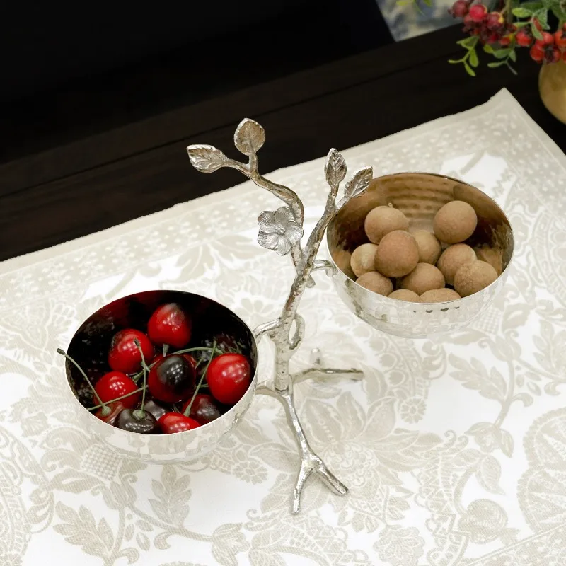 India imported brass silver-plated plum blossom branches handmade stainless steel hammer pattern double bowl high-footed art fru
