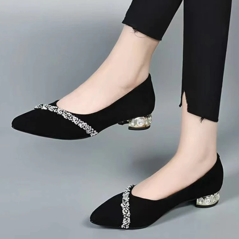 

New Womens Shoes Summer Diamond Shoe Shallow Mouth Female High Heels Fashion Thick Heel Female Loafers Pointed Tip Tacones Para