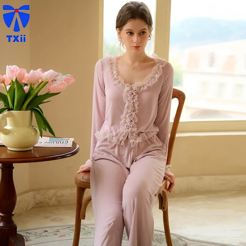 

TXii Newlook French New Spring and Autumn Lace Lace Pajamas suit Long Sleeve Trousers Sweet Cotton Outwear Women's Home Wear