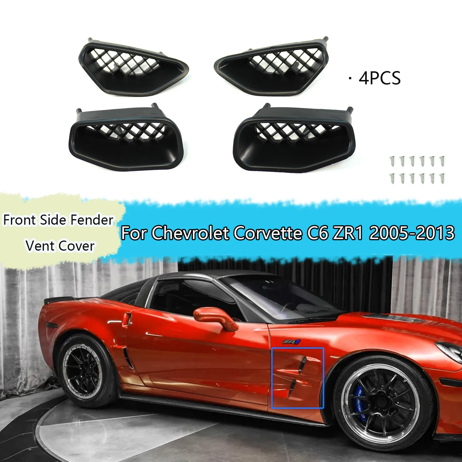 

Front Side Fender Vent Cover Duct For Chevrolet Corvette C6 ZR1 2005-2012 2013 A Set ABS Plastic Car Accessories Matte Black