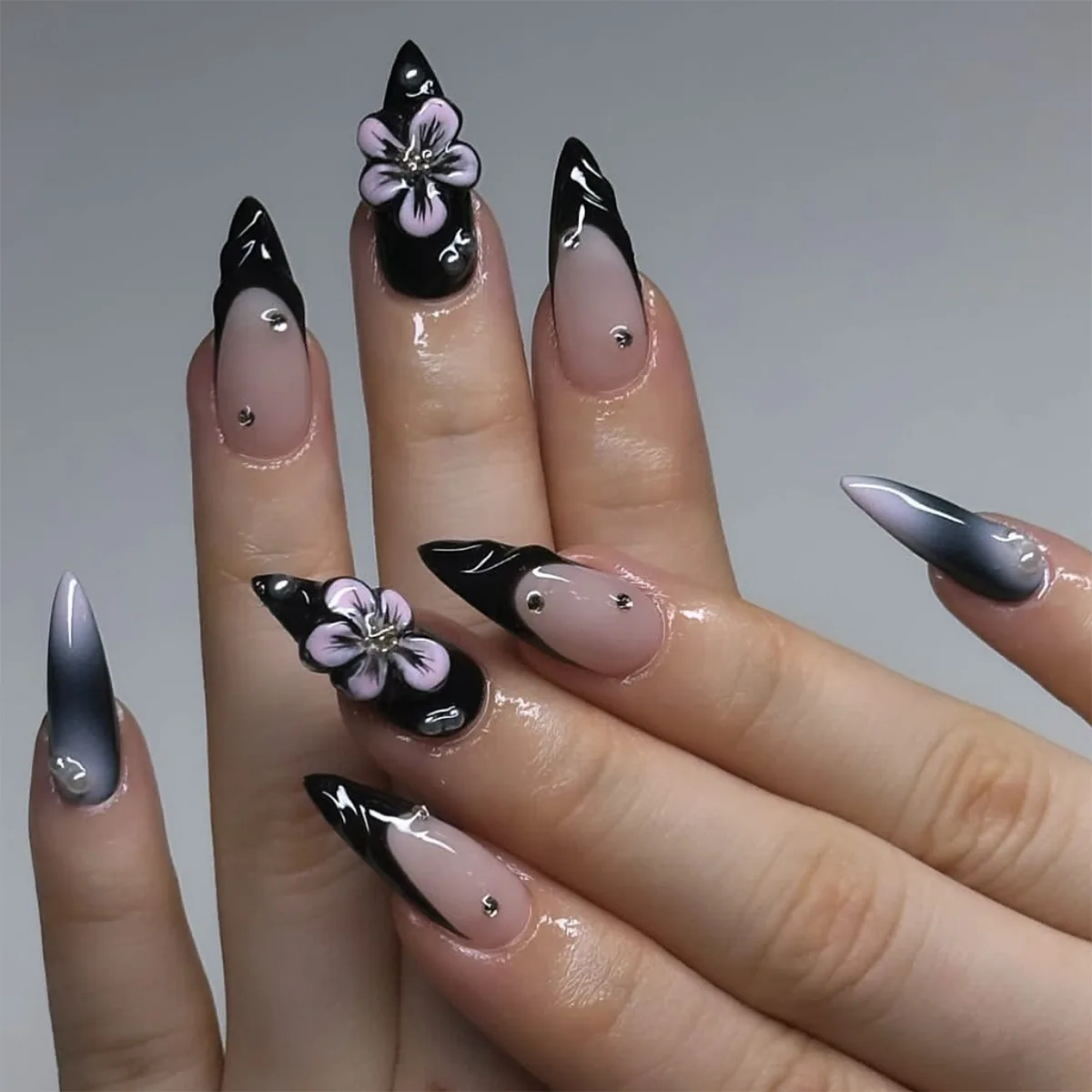 24pcs Ins Dark Purple Flower Design Press on Nails Spice Girls Black French False Nail Tips Wearable Sweet Korean Fake Nails