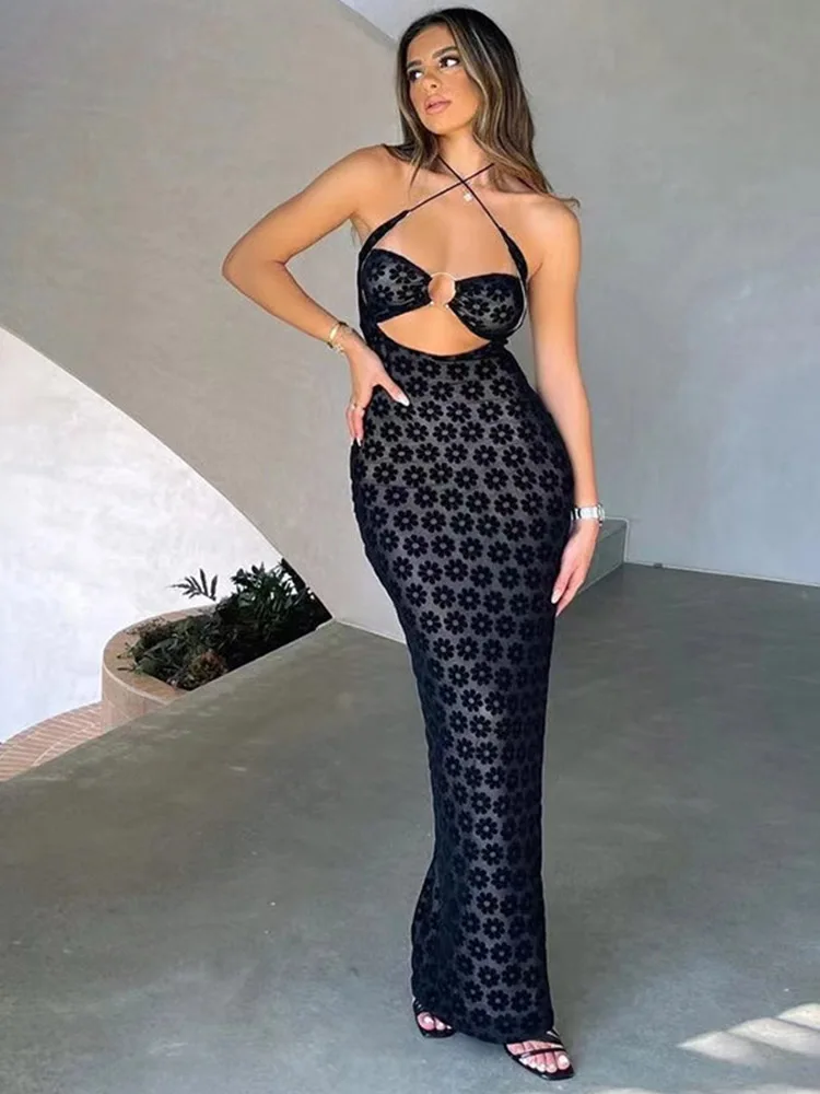 Solid Color Hanging Neck Maxi Dress Sexy Hollow Women Perspective Bag Hips  Robe Female Street Trendy Dresses Clothing - AliExpress