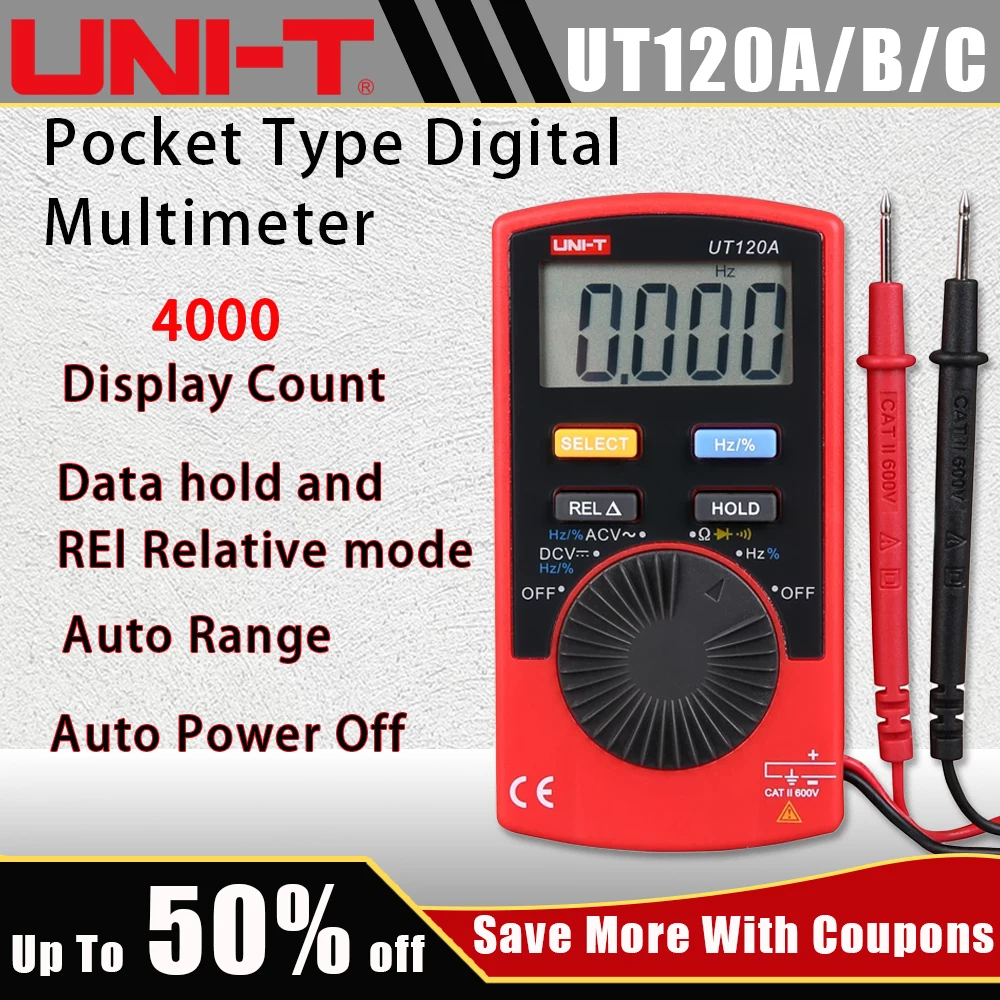 

UNI-T UT120C Pocket Digital Multimeter, 6000 Counts Mini Portable Multimeter Tester Auto-Ranging, Measures Voltage Current Resis