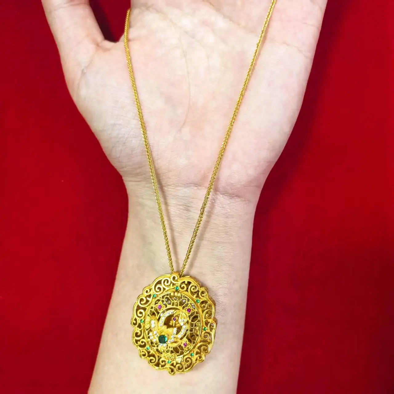 

Luxurious 9999 24K real gold design hollow diamond flower blooming Buddha pendant diy braided rope sweater chain
