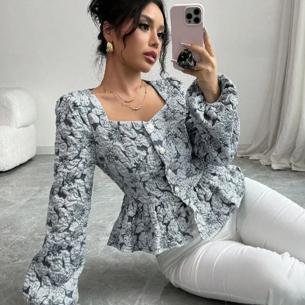 Camicia autunnale francese Nuova camicia floreale a bolle a maniche lunghe con colletto quadrato retrò Top corto