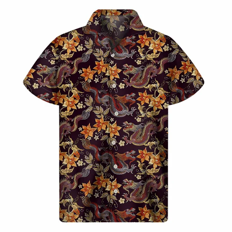 Retro Chinese Dragon Flower Hawaiian Shirts For Men 3D Print Floral Lapel Shirt Summer Street Loose Button Short Sleeves Blouse