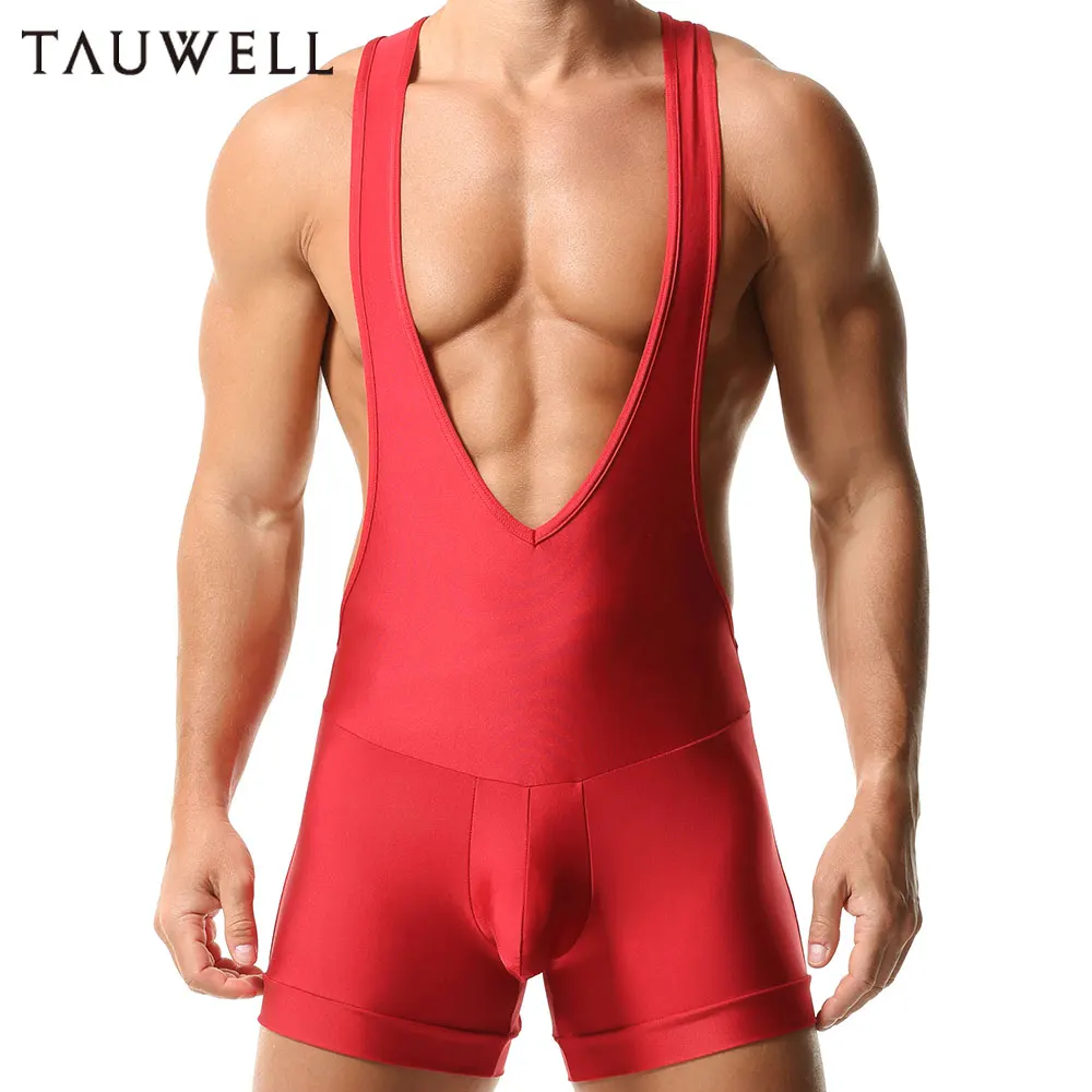 TAUWELL Men's Deep V Neck Sleeveless Wrestling Singlet Bodysuit High-Tight Fit 3D Pouch Wide Shoulder Straps Jumpsuit