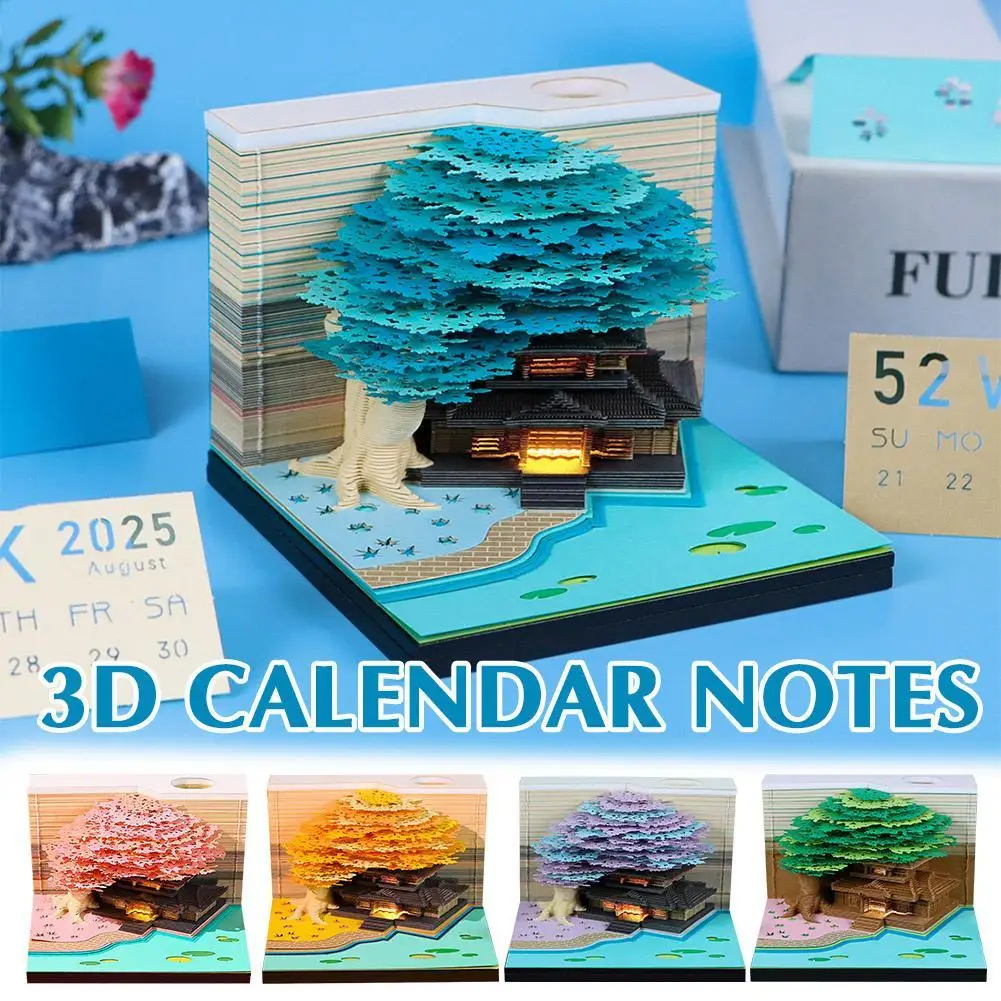 Colorful Treehouse 3D Notepad 2025 Calendar Paper Block 3D Memo Pad With Light 3D Paper Art House Home Office Decor