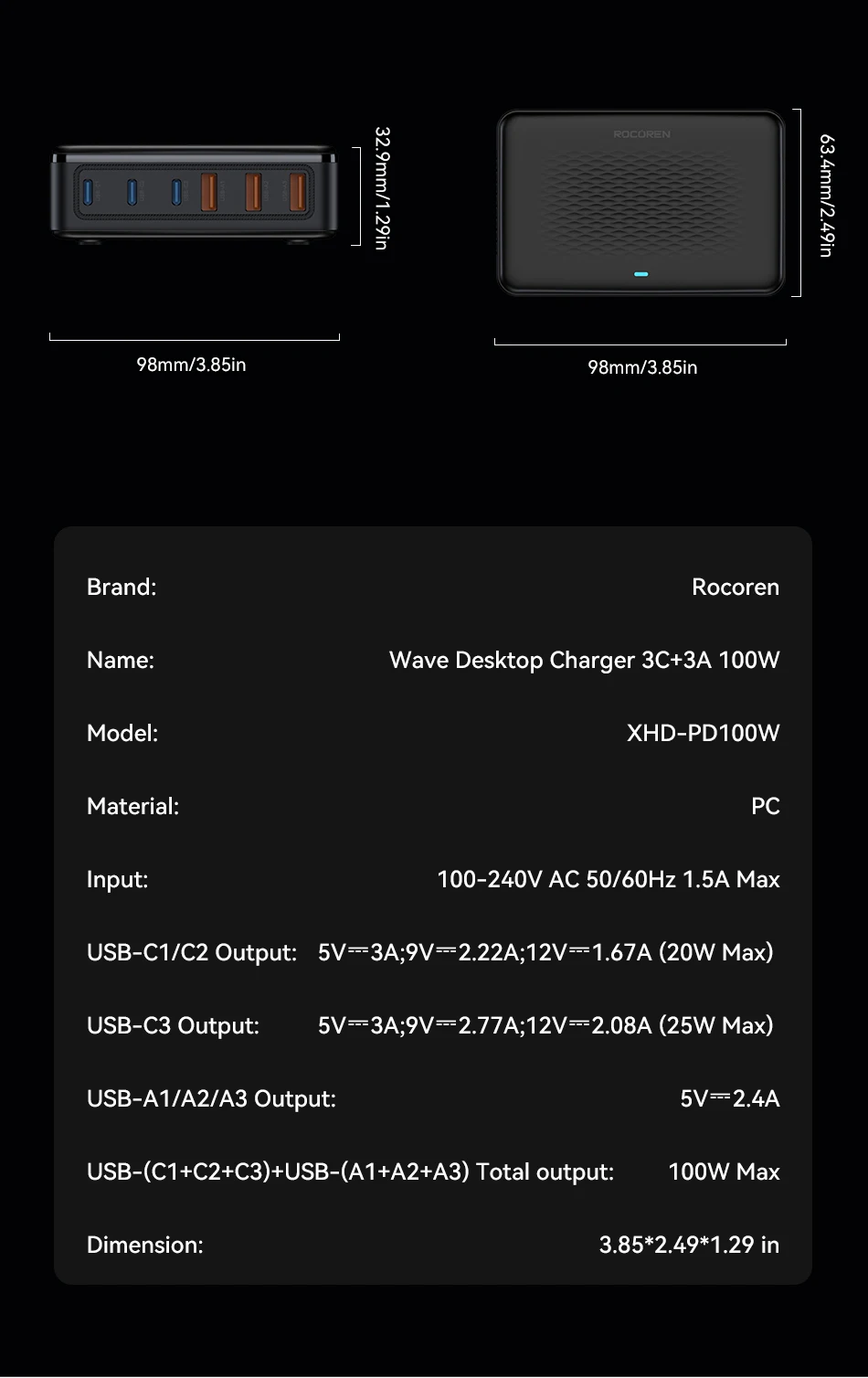 Rocoren USB-Ladegerät 100 W GaN-Ladegerät 6-Ports Desktop-Schnellladung Typ-C-Ladegerät Tragbares Kraftwerk für iPhone Xiaomi POCO – Detail 25