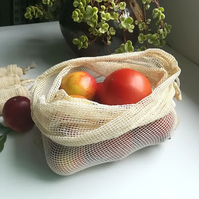 1Pc Reusable Vegetable Bags Kitchen Fruit and Vegetable Storage Mesh Bags Drawstring Machine Washable Eco Friendly Shopping Bags