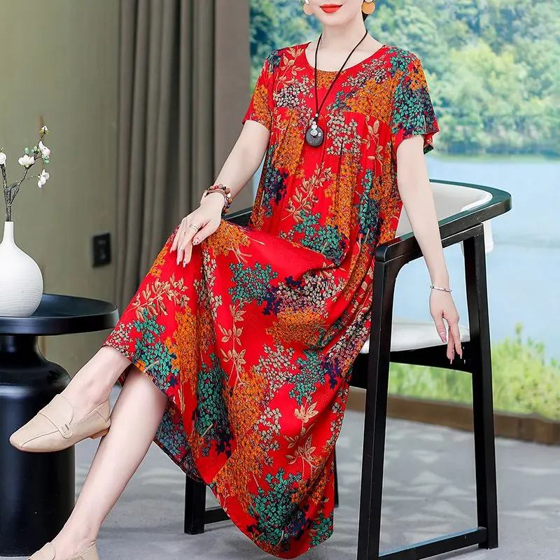 Vintage Print O-hals Korte Mouw Losse Plooien Bloemenjurk Dameskleding 2024 Zomer Nieuwe Oversized Office Lady Midi Jurk
