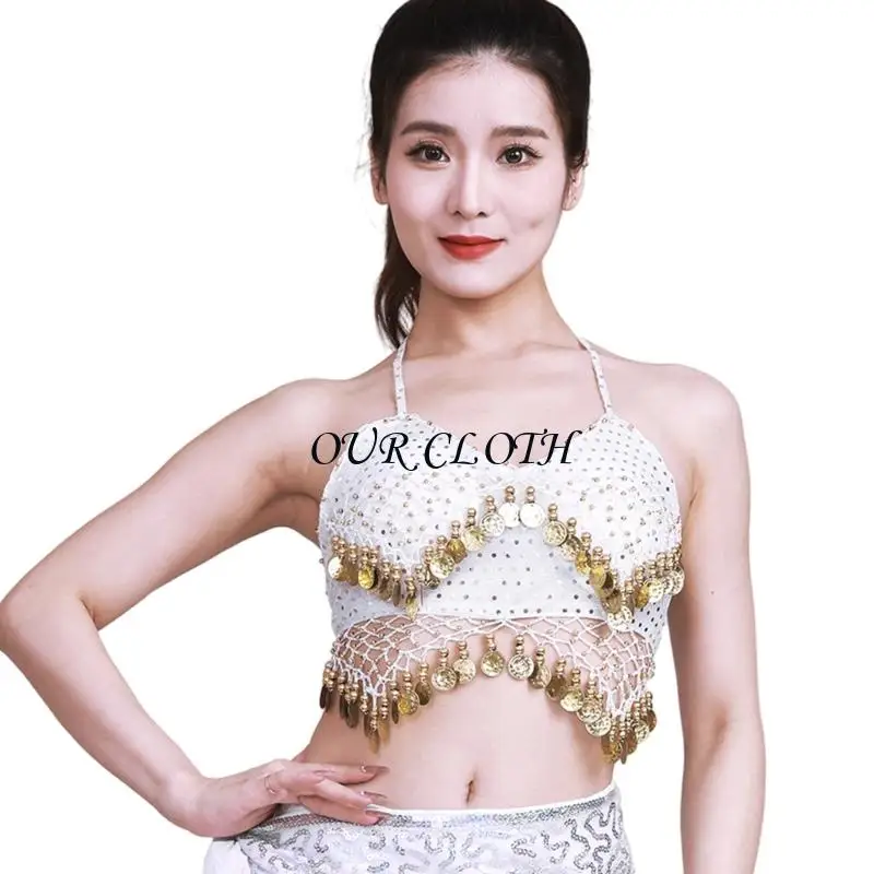 الترتر للصفائح شرابات أزياء رقص البطن العليا للنساء للنساء الرقص الرقص عملة عملة مع معدة الصدر للحفلة Y1AC