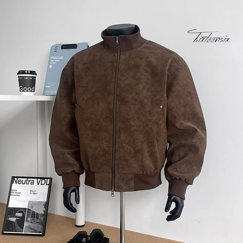 سترة جلدية كاجوال للرجال بياقة واقفة على الطراز الأمريكي، سترة رجالية عصرية للدراجات النارية #5