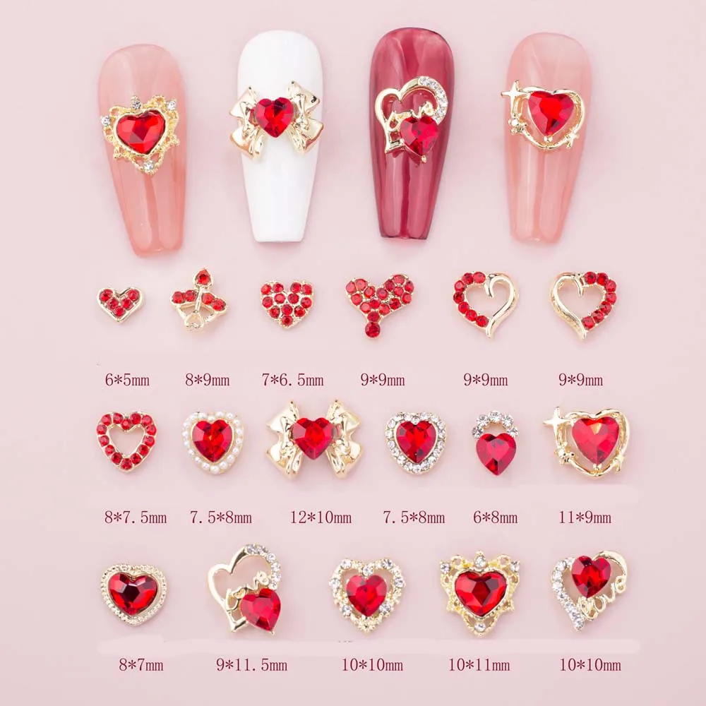 10pcs Valentines Day Design Nail Art Charm 3D Red Heart Gem with Crystal Diamond Nail Decoration DIY Shiny Gem Nail Accessories