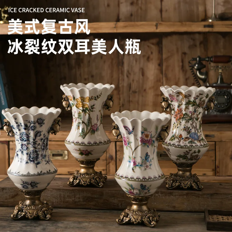 

American Retro Ice Cracked Ceramic Vase Creative Home Decoration Desktop European High Footed Double Ear Vase