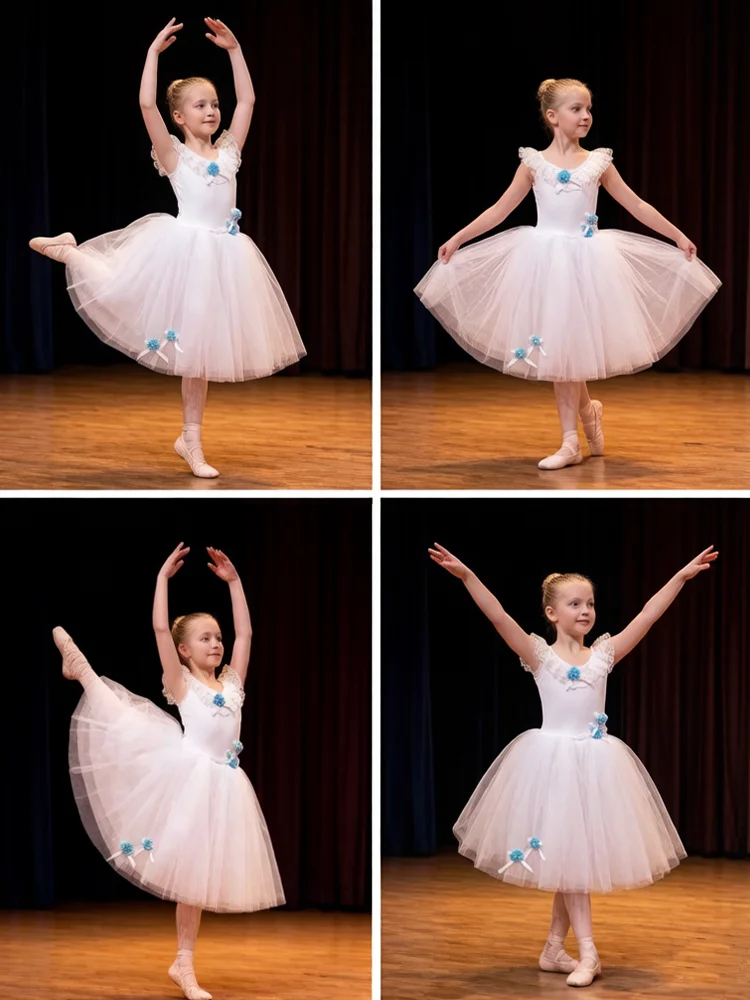 

Girls & Adults White Romantic Dress with Blue Flowers Long Swan Lake High Quality Ballet Costume for Competition & Performance
