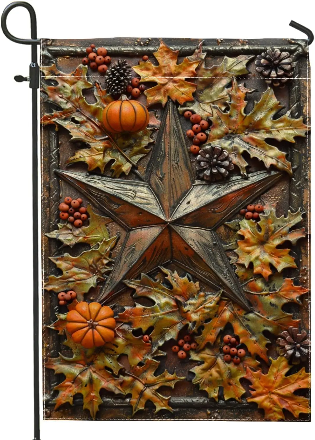 Fall Harvest Star Garden Flag, Rustic Brown Leaf Pumpkin Outdoor Decor, Double Sided Burlap Yard Banner for Thanksgiving Cel UUX