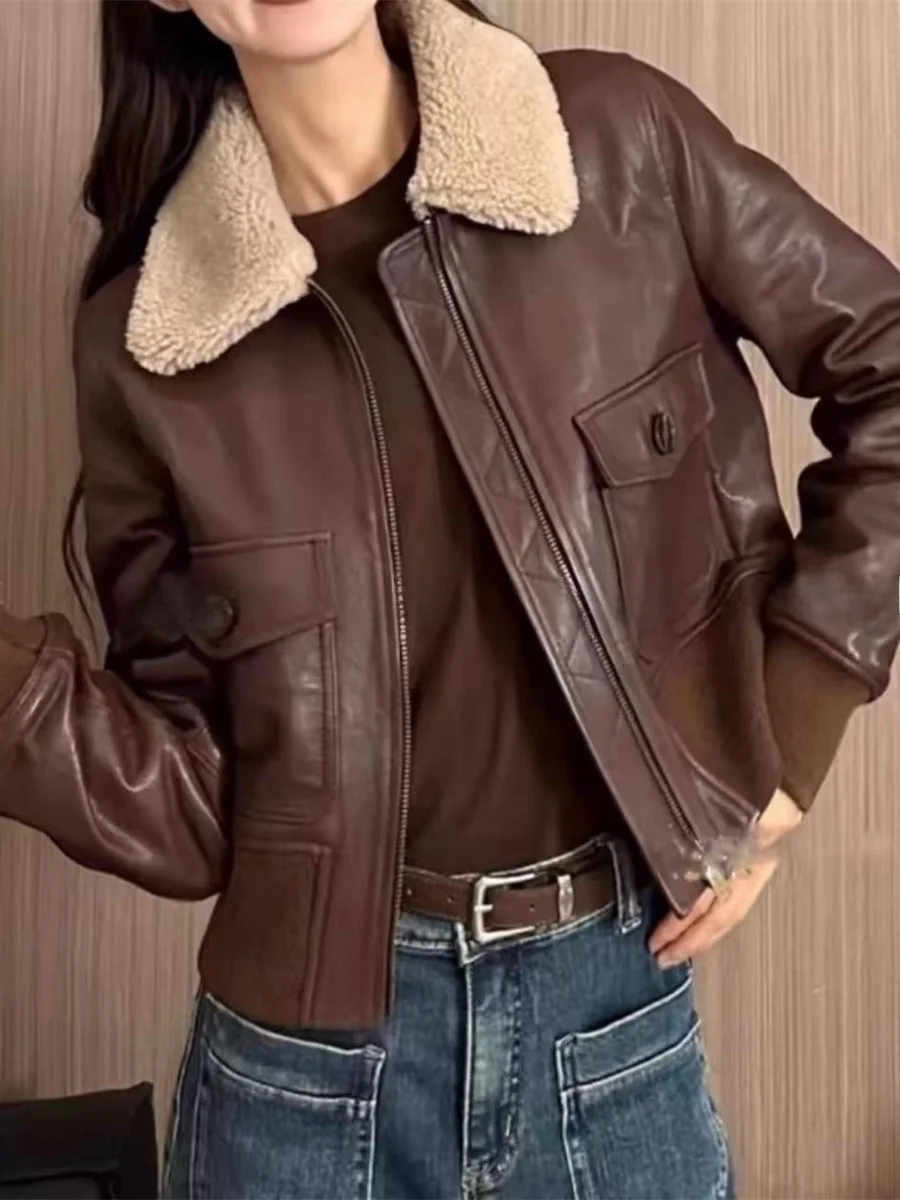 

Women's ort Zipper Genuine eepskin Coat Lamb Fur Collar Versatile Autumn Winter New Sle Commute Windbreaker No Brand