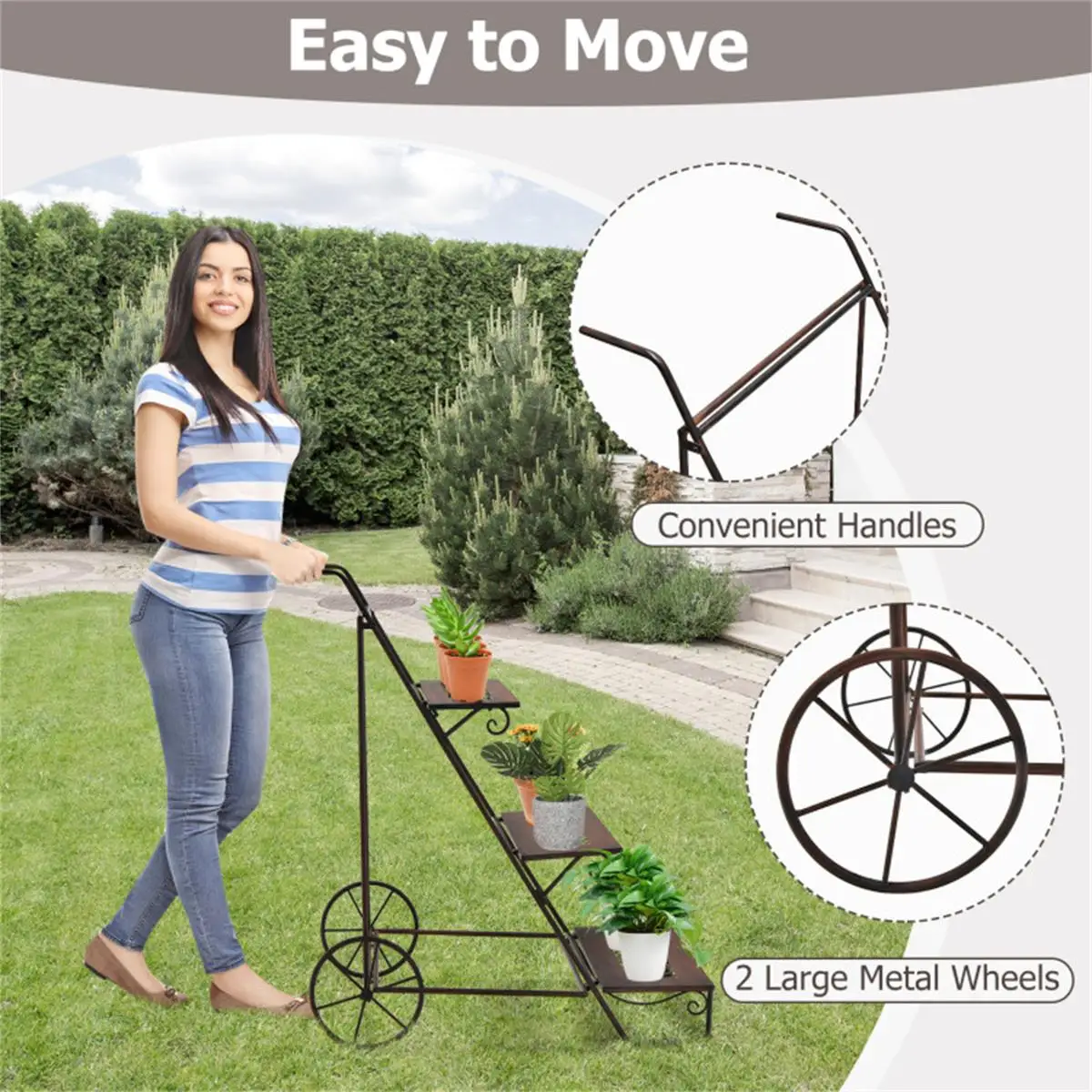 3-Tier Rolling Plant Stand with Wheels – Multi-Layer Flower Pot Organizer for Indoor/Outdoor Use