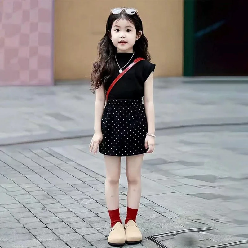 

Girls Clothes Sets Summer Fashion Suit Children Black Short-Sleeved T-Shirt Polka Dot Bustle Skirt Two Piece New Casual Outfit