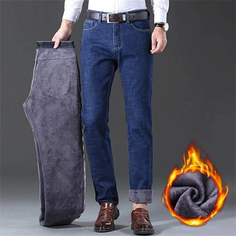 Men's Classic Fleece Warm Jeans Autumn Winter Thicken Velvet Slim Fit Business Fashion Casual Loose Stretch Cotton Denim Pants