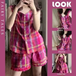 Summer Ladies Pajamas Set Ins Colour Blocking Plaid Vest Pajamas Female Summer Models New Sleeveless Leisure Home Shorts