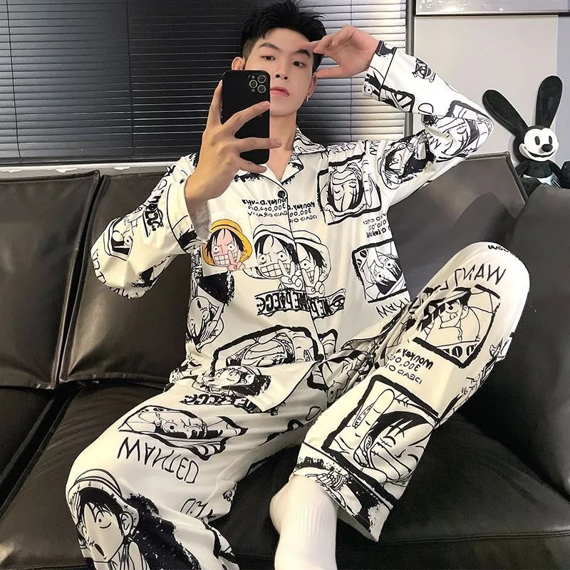 

One Piece Luffy Men's Long-sleeved Cardigan Pajamas Cute Cartoon Peripheral Print Loose Handsome Teenager Home Clothing Set Boy