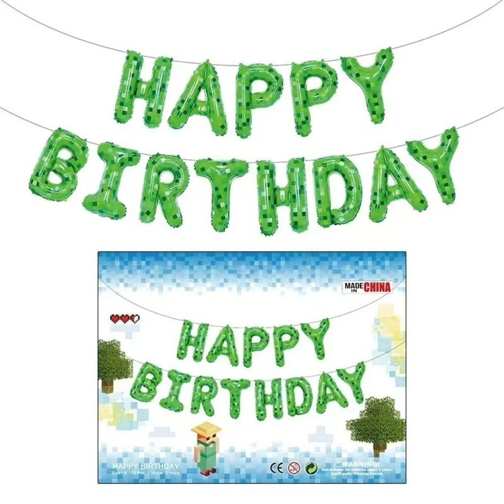 16 Inch Green Pixel Theme HAPPY BIRTHDAY Foil Balloon Mosaic Birthday Letter Theme Set Party Supplies view 3