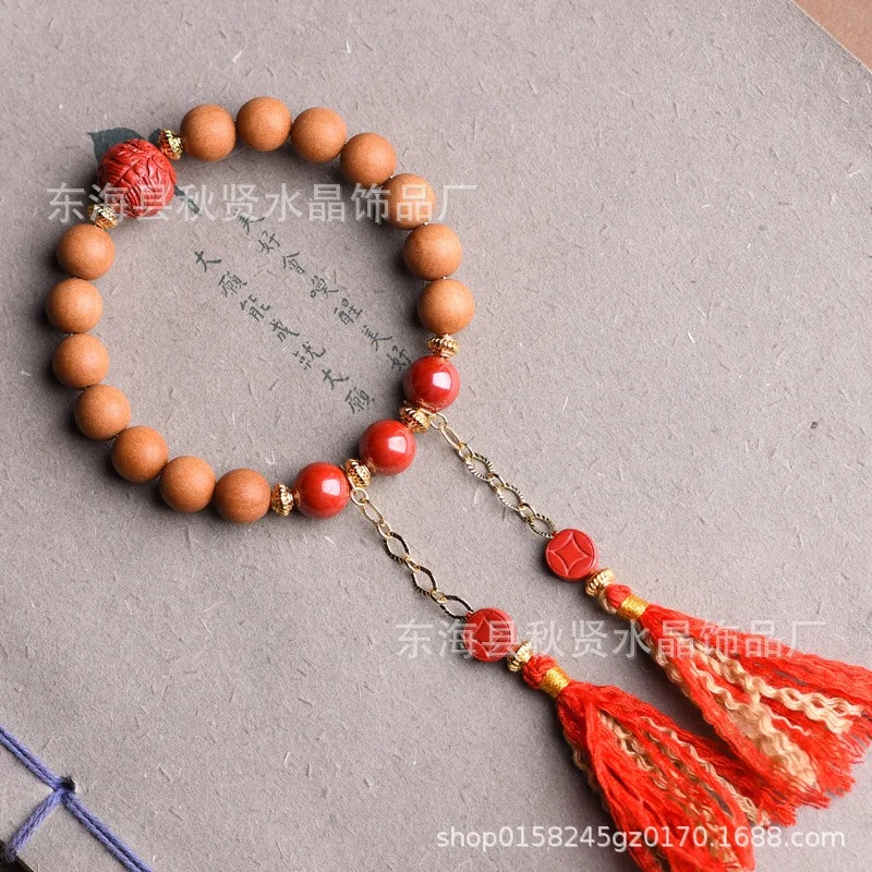 Hand-Woven Peach Wood White Sandalwood Emperor Sandstone Cinnabar Bracelet Women's National Style Lucky String Bracelet with Bea